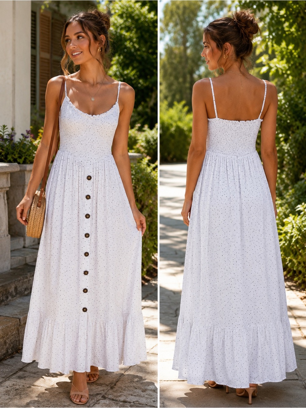 Zara White Polka Dot Smocked Maxi Dress